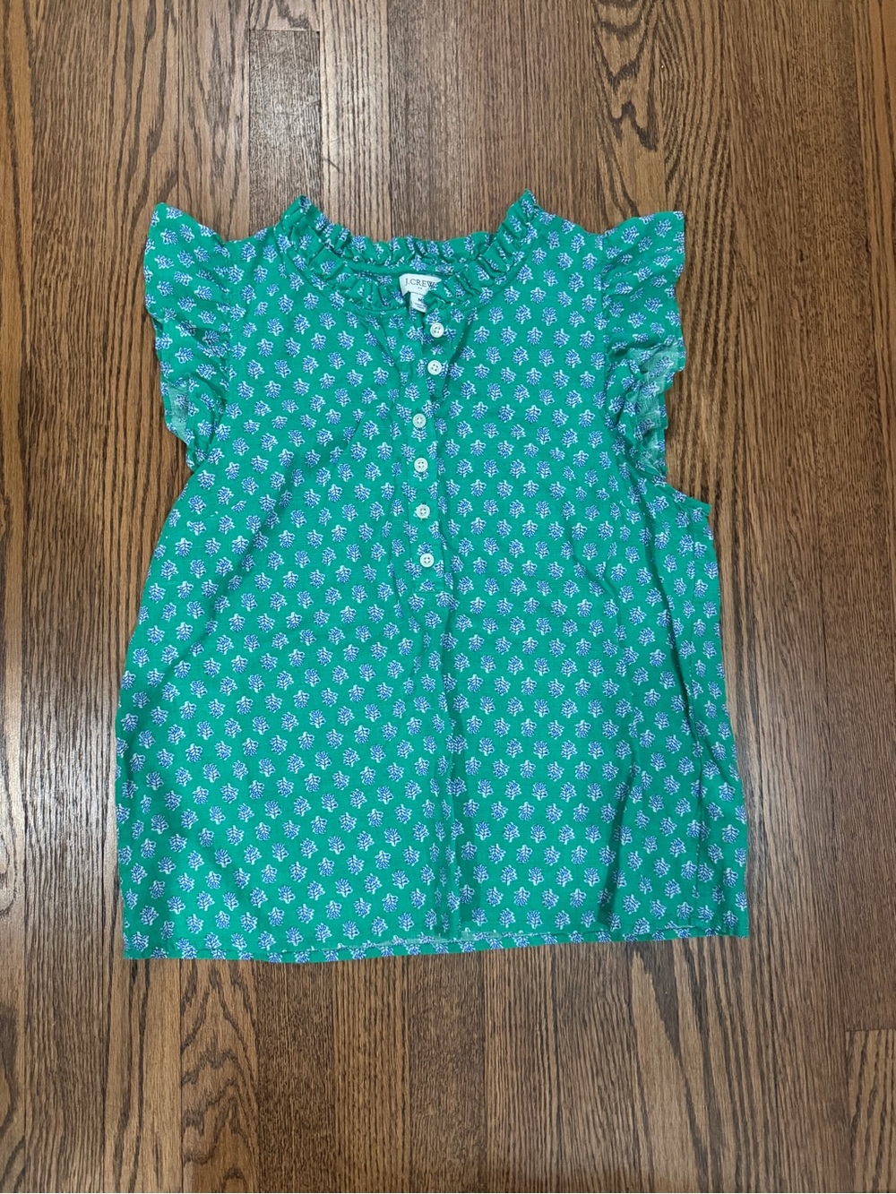 J. Crew Green Floral Ruffle-Sleeve Blouse